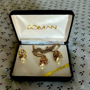 Vintage Roman genuine crystal necklace pierced earring, set teardrop pearl